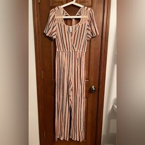 Pink/Peach Striped High Waisted Jumpsuit (size small)